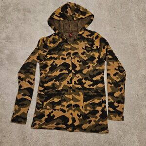 YOKI‎ Women's Camo Hoodie Cardigan Jacket Size M Olive Green Tan Boho Baja Style